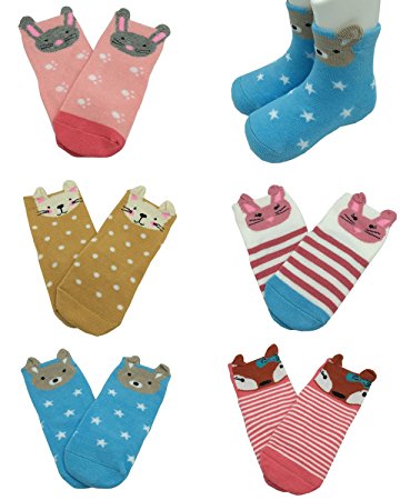 FlyingP Baby Girls Socks 5 Pairs Anti Skid Slip Socks Non Skid Ankle Cotton Cartoon Socks with Grip Baby Walker for 12-36 Months Baby