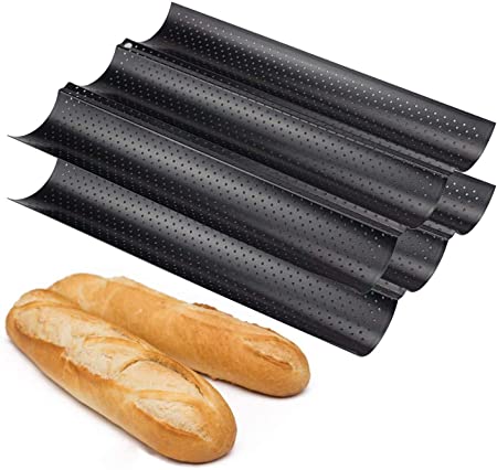 Fasmov 2 Pack French Bread Baking Pan Nonstick Perforated Baguette Pan 3 Wave Loaves Loaf Bake Mold Toast Cooking Bakers Molding, Black