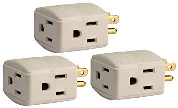 3-Pack Grounded 3-Outlet Tap, 3-Outlet Wall Tap Grounding Adapter, Triple Cube, 15-Amp 125-Volt, ETL Listed, Color Light Gray.