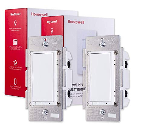 Honeywell Z-Wave Plus In-Wall Smart Light Dimmer, Changeable White & Almond Paddles | Built-In Repeater/Range Extender | ZWave Hub Required - SmartThings, Wink, Alexa Compatible, 2-pack, 44947