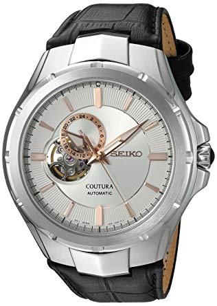 Seiko Men's Japanese Automatic Stainless Steel and Leather Casual Watch, Color:Black (Model: SSA313)