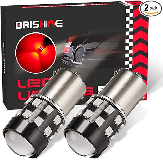 BRISHINE Super Bright 1156 7506 BA15S 1073 1141 P21W LED Bulbs Brilliant Red 9-30V Non-polarity 24-SMD LED Chipsets with Projector for Brake Tail Lights, Turn Signal Lights(Pack of 2)