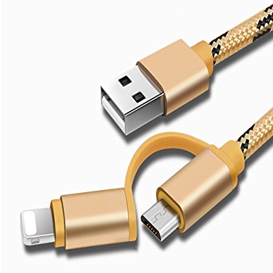 2 in 1 Lightning and Micro USB Cable (3.3ft) Nylon Braid Syncing and Chargering Cable for iPhone 7 6S 6 Plus/5S, iPad /iPod, Android Samsung, HTC, LG and More (Gold)