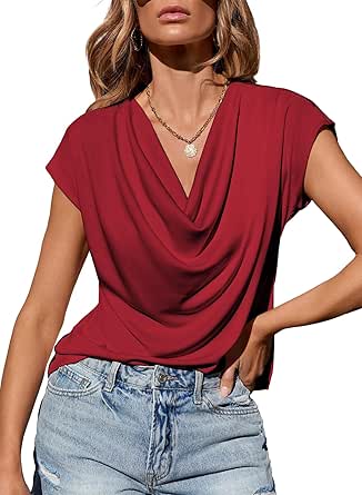 EVALESS Shirts for Women Fashion 2024 Cowl Neck Tops for Women Dressy Casual Short Sleeve Clothes Summer Outfits