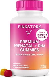 Pink Stork Premium Prenatal Gummy Vitamins with DHA, Folate, and Vitamin D - Multivitamin and Nutrient Blend for Neural Tube and Fetal Brain Development - Pregnancy Must Haves - 60 Vegan Gummies