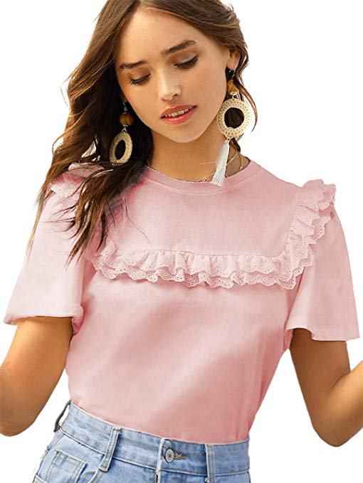 Romwe Women's Short Sleeve Cut Out Embroidery Ruffle Cotton Summer Blouse Top