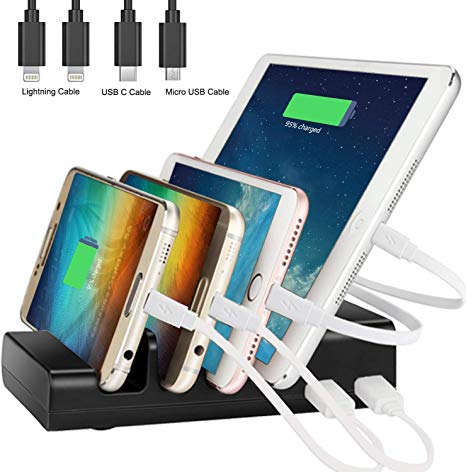 Charging Station,Thopeb 4 Port USB Charging Station Included 4 Short Mixed Cables - Compatible Ipad,iPhone,Samsung,Smartphone - Desktop Cell Phone Charge Stand & Multiple USB Charger Docking Organizer
