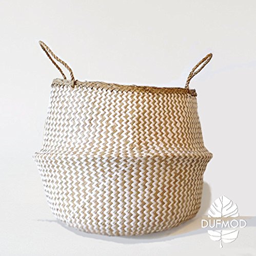 DUFMOD Medium Natural and Plush Woven Seagrass Tote Belly Basket for Storage, Laundry, Picnic, Plant Pot Cover, and Beach Bag (Plush Zigzag Chevron Seagrass White, Medium)