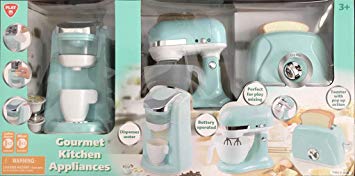 Playgo Children's Gourmet Kitchen Appliances Playset- Battery Operated Mixer, Water Dispensing Coffee Maker, and Pop-Up Toaster (Aqua)