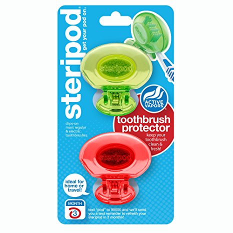 Steripod Clip-on Toothbrush Protector (2-Pack Green & Red) I Protects Against Soap I Dirt I Hair I Sand I For Travel, Home, Camping