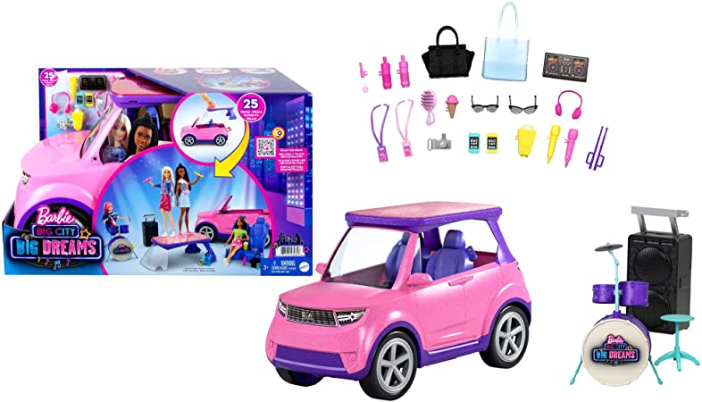 Barbie: Big City, Big Dreams Transforming Vehicle Playset, Pink 2-Seater SUV Reveals Stage, Drum Set & Concert-Themed Accessories, Gift for 3 to 7 Year Olds