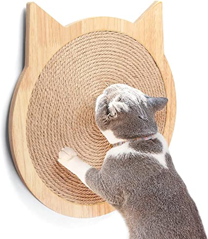 HC Cat Shape Scratching Pads for Cats Kittens, Wall Sisal Cat Scratcher Scratch Board with Strong Sucker, Wooden Cat Toy Furniture (M)