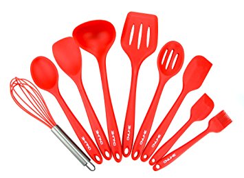 Qyuhe® Premium Cooking Silicone Spatula Utensil Set, 9 Piece Heat Resistant Kitchen Baking Set Includes Spatulas, Spoons and Turner (Red)