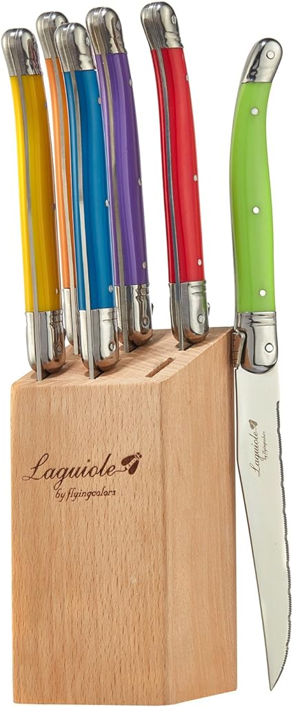 Laguiole By FlyingColors Steak Knife Set, Micro Serrated Blade, Stainless Steel, Wood Block, MultiColor Handle, 6 Pieces