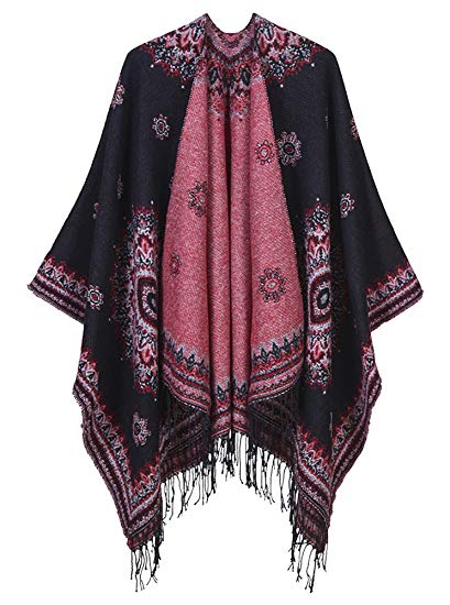 Women's Fashionable Retro Style Vintage Pattern Tassel Poncho Shawl Cape