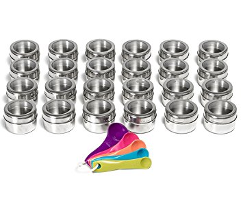 Nellam Spice Magnetic Storage Jars for Spices - 24 pcs Stainless Steel Kitchen Containers with Clear Top - Organizer Tins Kit include a Measuring Spoon Set