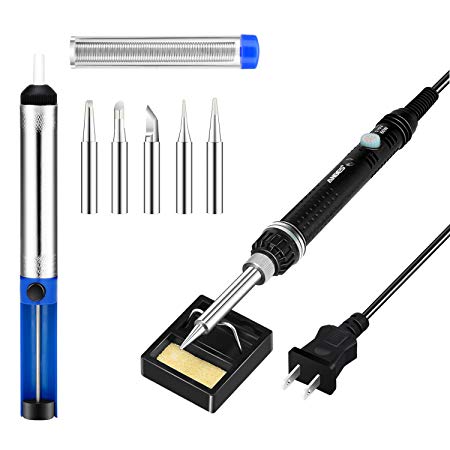 Anbes Soldering Iron Kit Electronics, 60W 110V Adjustable Temperature Welding Tool, 5pcs Soldering Tips, Desoldering Pump, Soldering Iron Stand and Solder Wire for Variously Repaired Usage
