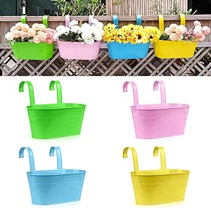 RIOGOO Flower Pots Metal Iron Hanging Garden, Balcony Planters, Bucket Flower Holders Wall Decor Pot- Detachable Hook (4 PCS) (Large)