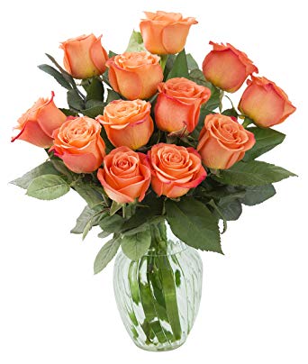 KaBloom Bouquet of 12 Fresh Orange Roses (Farm-Fresh, Long-Stem) with Vase