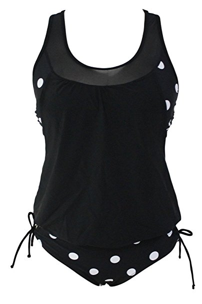 EVALESS Women Polka Dot Double Up Raceback Two Piece Swimsuit Tankini