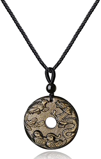 COAI Mandarin Ducks Dragon Phoenix Obsidian Donut Pendant Necklace