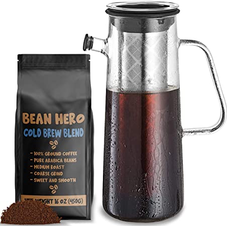 Cold Brew Coffee Maker 1L Glass Pitcher   1LB Ground Beans for Coldbrew. Full System for Brewing Large Batch Ice Coffee or Concentrate with Pierced Stainless Steel Mesh Filter and 34 oz Glass Carafe