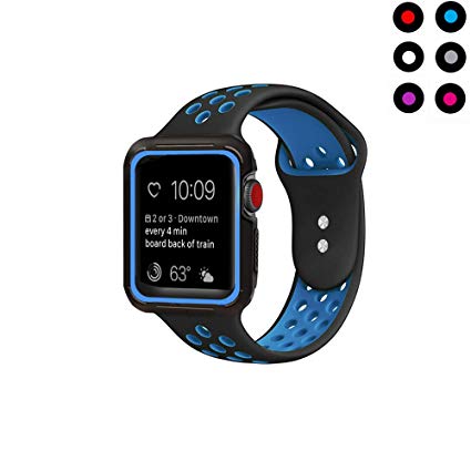 Compatible with Apple Watch Band with Case 42mm 44mm， Vitech Soft Silicone Sport iWatch Band with Shock-Proof Protective Case for Series 3/2/1 (42mm) Series 4 (44mm) (Black/Blue, 42mm/44mm M/L)