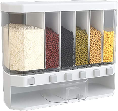 WAQIA Wall Mounted Food Dispenser 26LB Whole Grains Rice Bucket,Large Capacity 6-Grid Storage Dry Food Dispenser Grain Storage Dried Fruit Food Storage Box