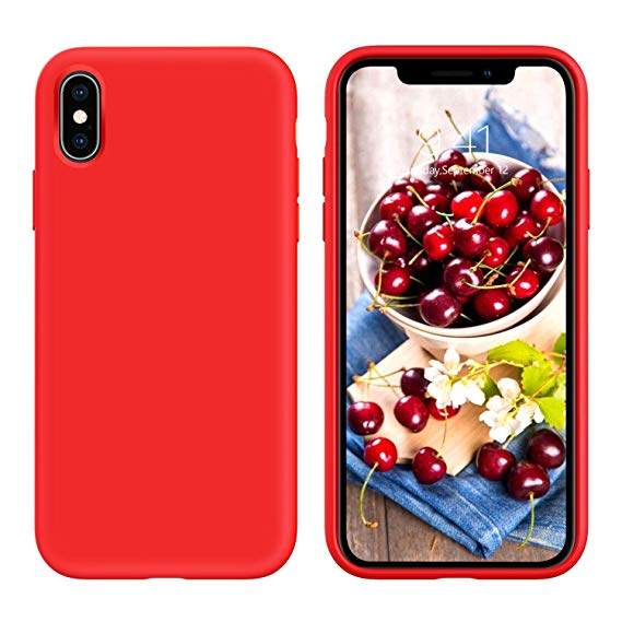 iPhone XS Case Silicone, iPhone X Case Cute,DUEDUE Slim Fit Liquid Silicone Gel Rubber Shockproof Cover with Soft Microfiber Cloth Lining Cushion Full Protective Case Compatible with iPhone X/iPhone XS 5.8-inch for Women Girls, Red