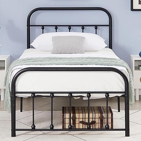 VECELO Metal Bed Frame Twin Size with Vintage Headboard and Footboard, No Box Spring Needed, Premium Stable Steel Slat Support Mattress Foundation