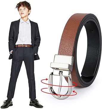 JASGOOD Kids Leather Reversible Belt, Boys Casual Belt for Jeans School Uniform with Rotated Buckle Back to School Gift