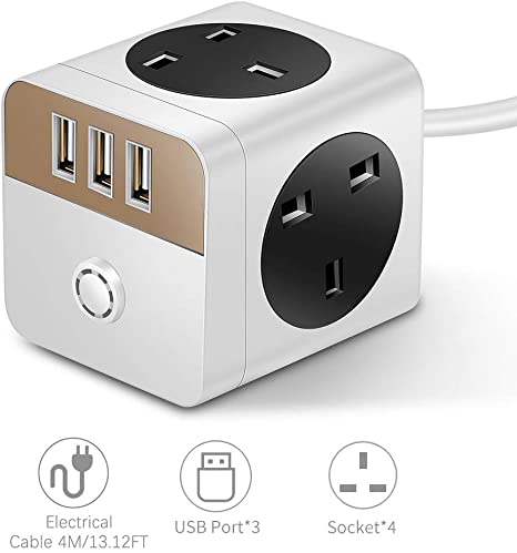 Mscien 4 Way Cube Extension Lead With 3 USB(5v/2.4A),13 Amp Switched UK Power Strip With 4 Meter Long Extension Cord(13A/2500W,Gold Gray)