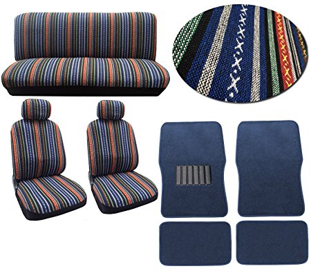 Baja Blue 12pc Car Seat Cover Set - Striped Saddle Blanket Front Low Back Bucket Seat Covers Bench - 4pc Blue Carpet Floor Mats