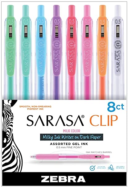 Zebra Pen Sarasa Clip Retractable Gel Ink Pens, Fine Point 0.5mm, Assorted Milky Color Water Based Ink, 8-Count