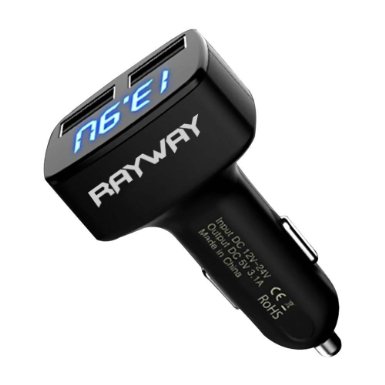 USB Car Charger, RAYWAY® 4in1 Dual 2 USB, 3.1A Cigarette Lighter Voltage Volt Voltmeter Monitor, Over Current Protection and Display Voltage Amps & Temperature (Fahrenheit)