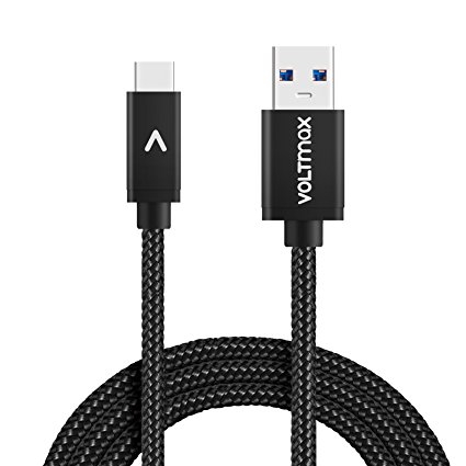 USB-C to USB 3.0 Type-C Cable (6ft) Voltmax high speed charging&syncing Nylon-Braided for Samsung Galaxy S8, Google Pixel, Nexus 6P 5X, LG G5 V20, HTC 10, Nokia N1 &more(Black)