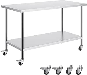 VEVOR Stainless Steel Work Table 30 x 60 x 38 Inch, with 4 Wheels, 3 Adjustable Height Levels, Heavy Duty Food Prep Worktable for Commercial Kitchen Restaurant, Silver