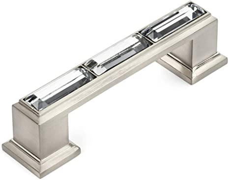 5 Pack - Cosmas 6598SN-C Satin Nickel with Clear Glass Cabinet Handle Pull - 3" Inch (76mm) Hole Centers