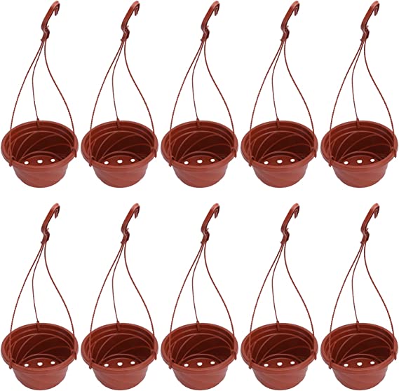 DOITOOL 10 Sets Plastic Hanging Planter Pots Small Hanging Flower Pot, Hanging Orchid Pots 6.7 Inch Hanging Chain Baskets for Outdoor Indoor Plants and Home Garden Balcony Decoration (Coffee)