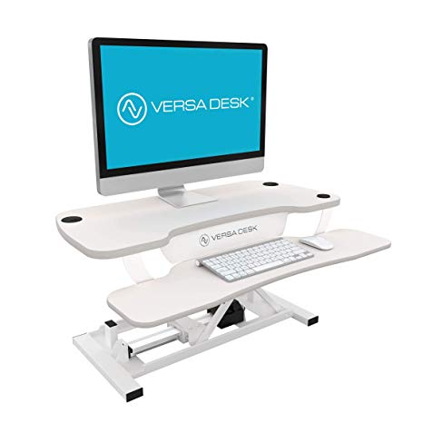 VersaDesk Power Pro - 30" Electric Height Adjustable Standing Desk Riser. Power Sit to Stand Desktop Converter with Keyboard Tray (All White, 30")