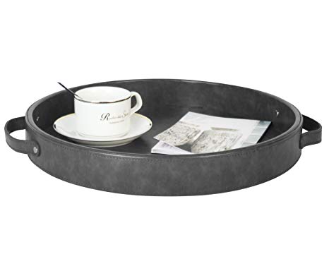 Ms.Box Top Nocth PU Leather Round Serving Tray, Storage Tray with Handles, Coffee Tray, Ottoman Tray for Home Or Office Dark Grey, Diameter 14.6-inch