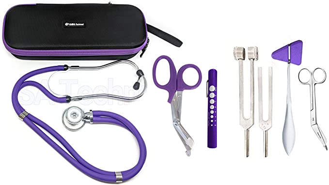 Purple - Sprague Rappaport Stethoscope Dual Head Adult   Free Storage Case, EMT Shears, Penlight, 128   512 Tuning Fork, Taylor Hammer   Lister Bandage Scissors - Ideal for Medical Students, Nurses