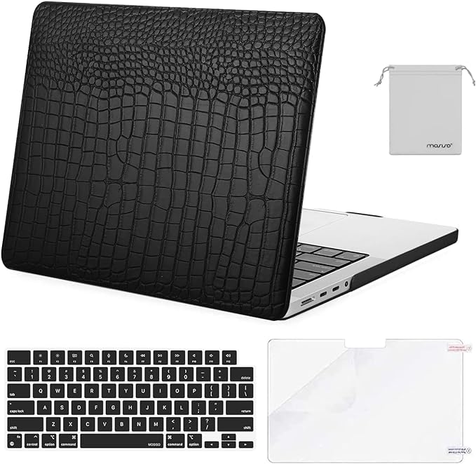 MOSISO Compatible with MacBook Pro 14 inch Case 2023 2022 2021 Release M3 A2918 A2992 M2 A2779 M1 A2442, Crocodile Grain PU Leather Hard Shell Case&Keyboard Cover&Screen Protector&Storage Bag, Black