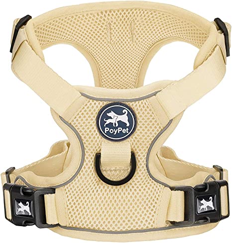 PoyPet Reflective Soft Breathable Mesh Dog Harness Choke-Free Double Padded Vest with Adjustable Neck and Chest(Khaki,L)