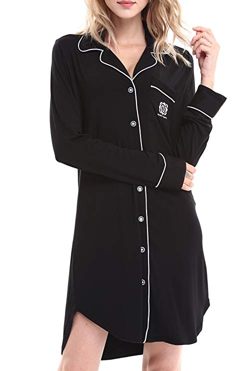 NORA TWIPS Women Long Sleeve Pajama Top Buttom Down Sleep Shirt Dress (XS-XL)