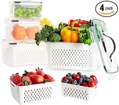 LUXEAR 4PCS Fruit Storage Containers For Fridge, Produce Vegetable Saver Container with Lid Colander Vent Handle, BPA-Free Refrigerator Microwave Dishwasher Safe, Keep Fruits Veggie Food Fresh