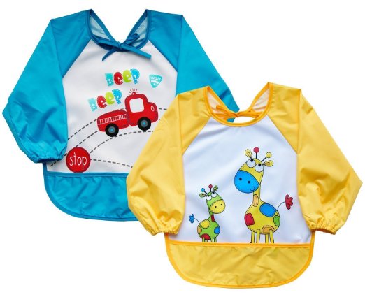 Leyaron Unisex Infant Toddler Baby Waterproof Sleeved Bib, Blue Car and Yellow Giraffe, Set of 2, 6 Months-3 Years
