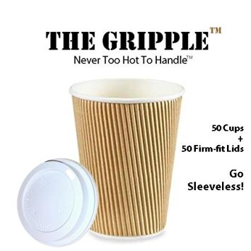 The Gripple™ 50/PK Premium Disposable Coffee Cups and Lids; Strong Ripple Cups & Firm-Fit Lids GRPL12OZPK50CL - GO SLEEVELESS - GRIP EASY - NO LEAKS - HOME OFFICE EVENTS HOLIDAYS