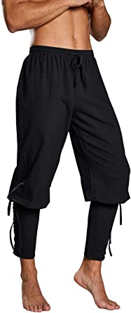 Makkrom Mens Medieval Ankle Pants Viking Pirate Costume Lace Up Tapered Banded Renaissance Navigator Halloween Trousers