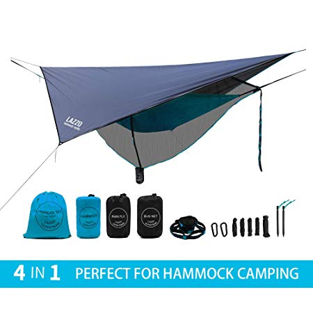 LAZZO Camping Hammock Set All-Inclusive,Single & Double Hammock,Bug Net,Tarp,Suspension,Guyline,Stakes and Backpack,Perfect for Backpacking,Camping,Hiking & Yard
